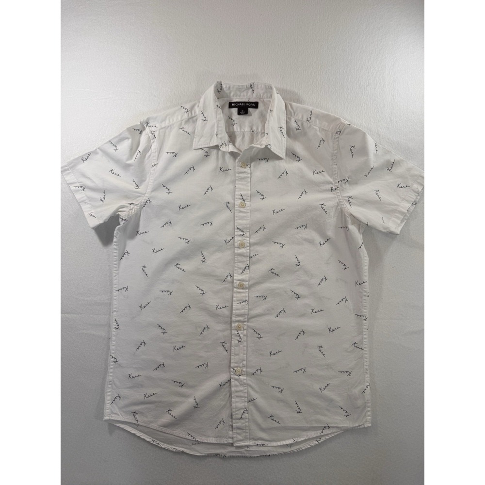 Michael Kors Mens Short Sleeve Button Up Medium White "Kors" AOP 100% Cotton EUC